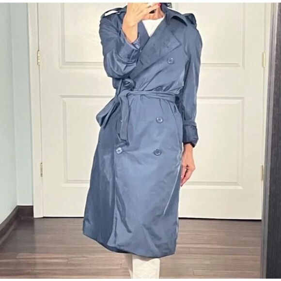 Norma Kamali Trench Coat Rain Coat Size Small Slate Blue Travel - Picture 1 of 11